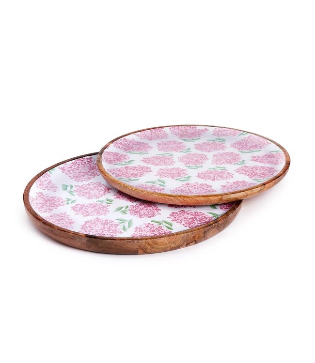 Hydrangea Hand-Crafted Wood Round Tray - Pink