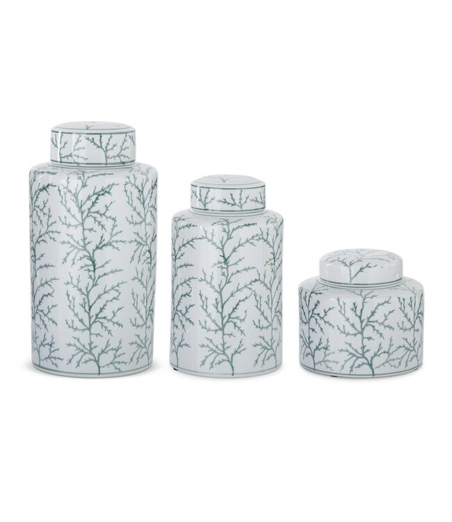 White & Green Coral Ceramic Ginger Jar