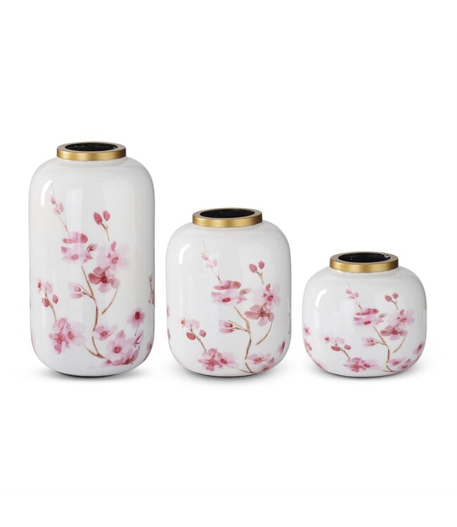 White & Pink Cherry Blossom Enameled Vase with Gold Rim