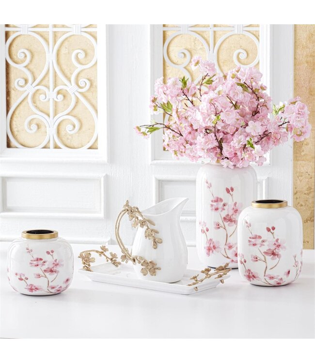 White & Pink Cherry Blossom Enameled Vase with Gold Rim