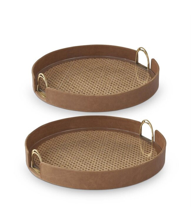 Tan Leather & Cane Tray with Stirrup Handles