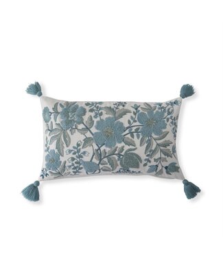 14 Inch Lumbar White Linen & Blue Embroidered Floral Pillow with Tassels