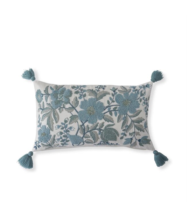 14 Inch Lumbar White Linen & Blue Embroidered Floral Pillow with Tassels