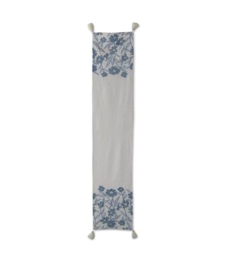 72 Inch White Linen & Blue Embroidered Floral Table Runner