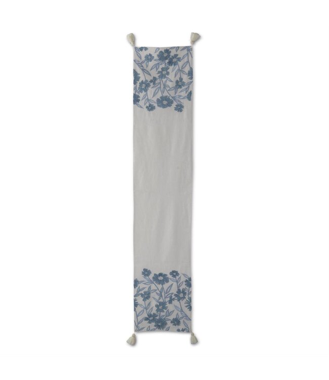 72 Inch White Linen & Blue Embroidered Floral Table Runner