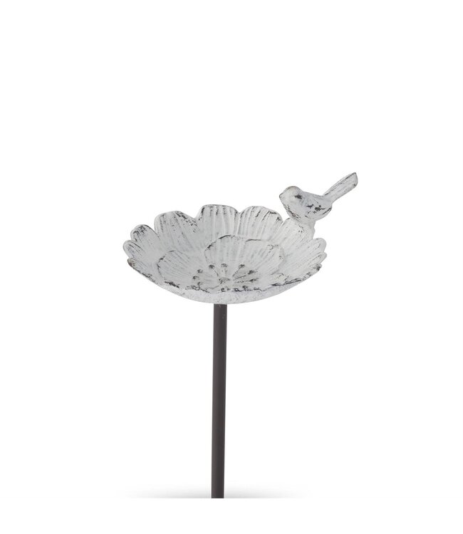 Whitewashed Metal Flower with Bird Decorative Garden Stake