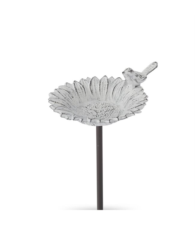 Whitewashed Metal Flower with Bird Decorative Garden Stake