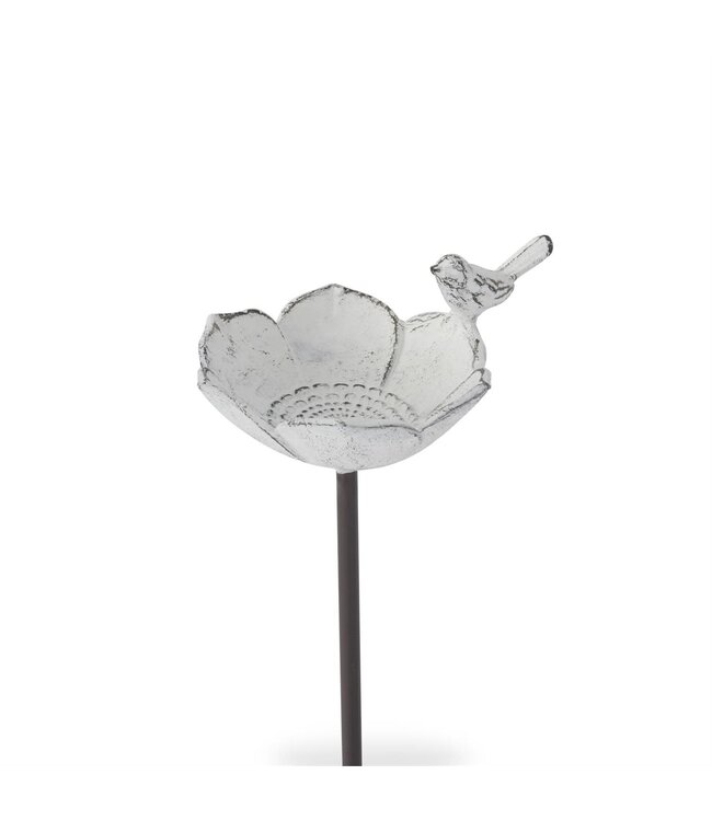 Whitewashed Metal Flower with Bird Decorative Garden Stake