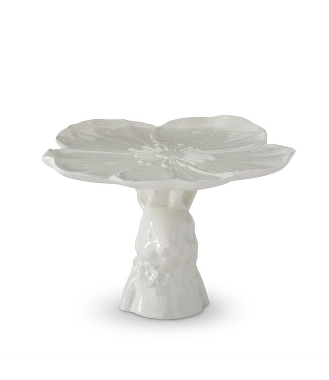 6.25 Inch White Ceramic Bunny Flower Embossed Cake Stand