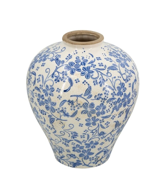 Round Ceramic Vase with Distressed White Finish and Blue Floral Motif
