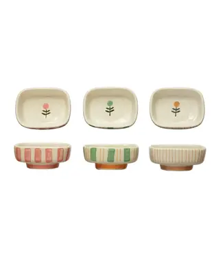 Hand-Painted Stoneware Dish with Stripes & Flower