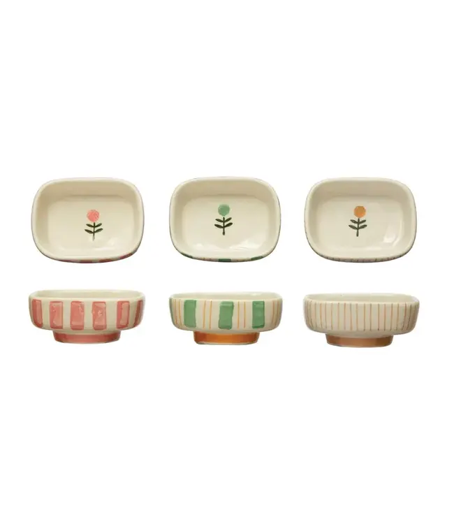 Hand-Painted Stoneware Dish with Stripes & Flower