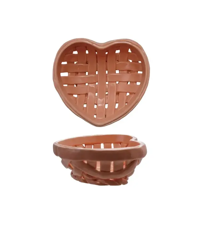 Handmade Stoneware Woven Heart Shaped Basket - Coral