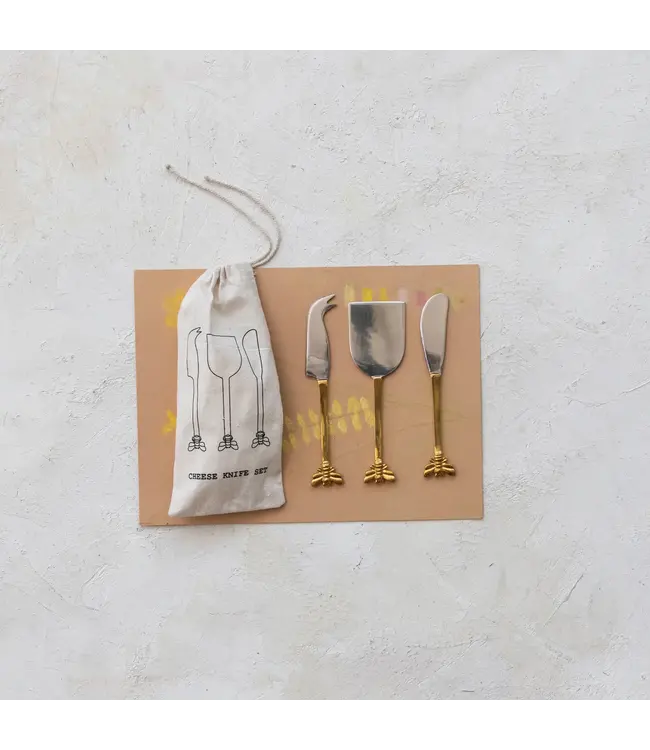Stainless Steel & Brass Cheese Knives In Drawstring Bag - Sold as Set