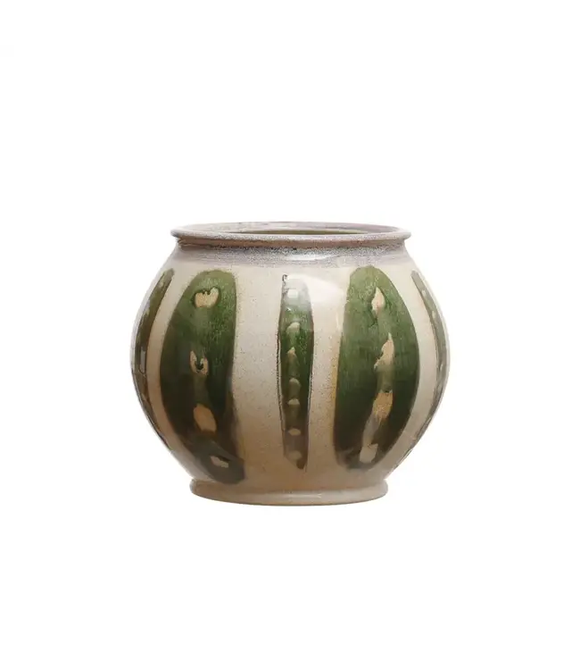 Round Stoneware Vase, Green & Cream