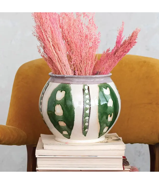 Round Stoneware Vase, Green & Cream