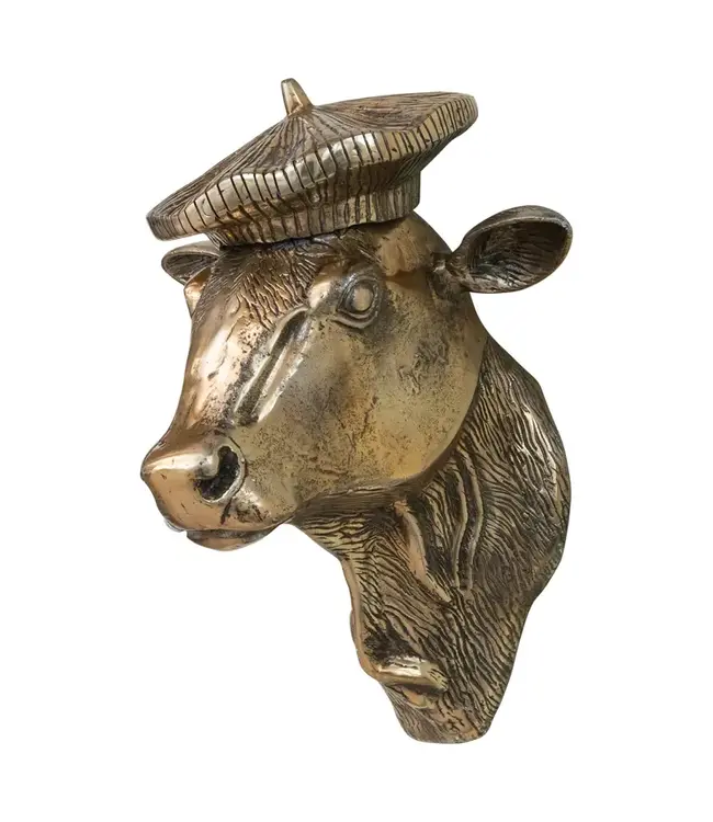 Cast Aluminum Cow Head with Beret Wall Décor