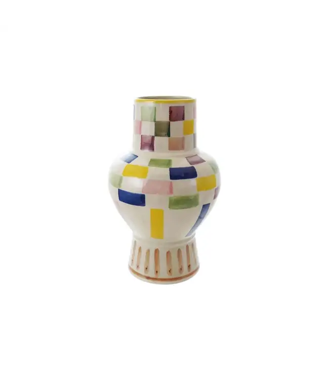 Hand-Painted Stoneware Vase With Check Pattern