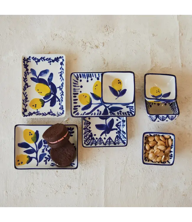 Hand-Painted Stoneware Dish with Lemons