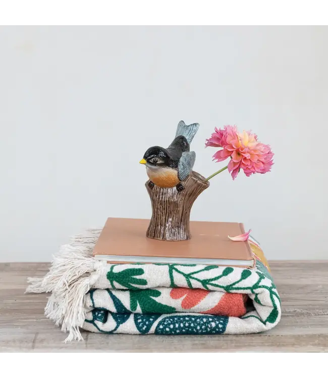 Hand-Painted Stoneware Bird on Log Shaped Vase