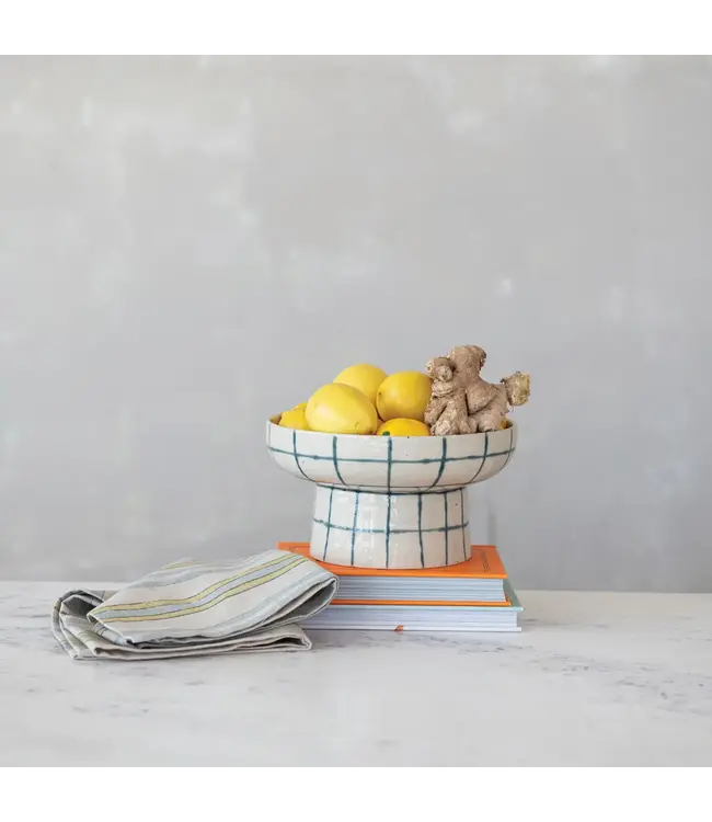 Hand-Painted Stoneware Pedestal Bowl