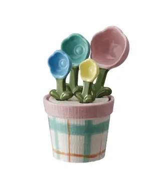 Stoneware Flower Shaped Measuring Spoons with Pot Holder - Sold as Set