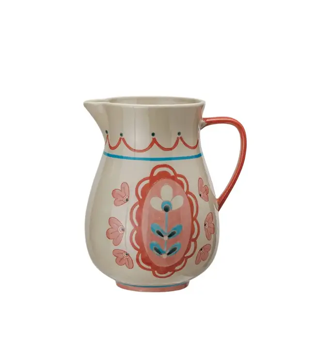 3 Quart Hand-Painted Stoneware Pitcher with Flowers