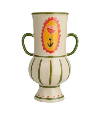 Stoneware Vase with Flower & Handles