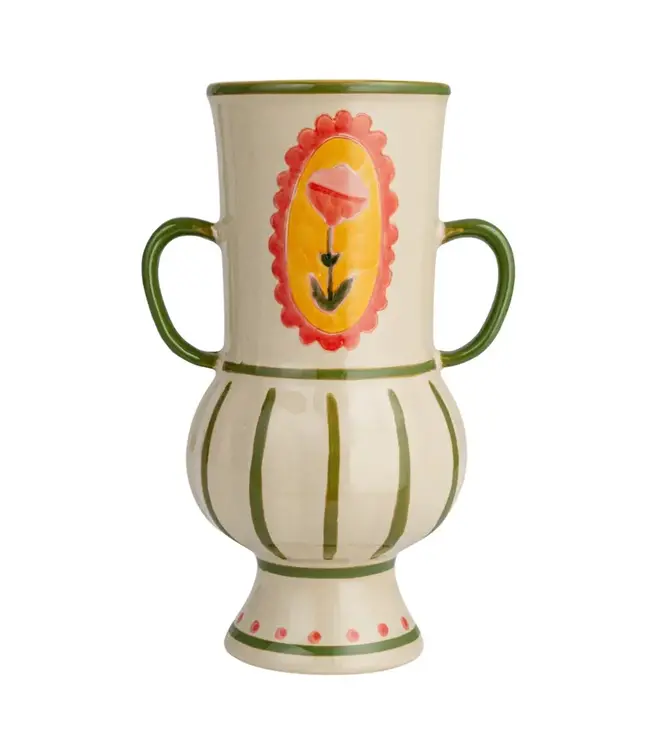 Stoneware Vase with Flower & Handles
