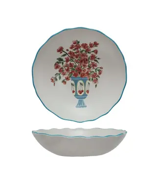 Textured  Stoneware Salad Bowl with Flowers in Vase & Colored Rim