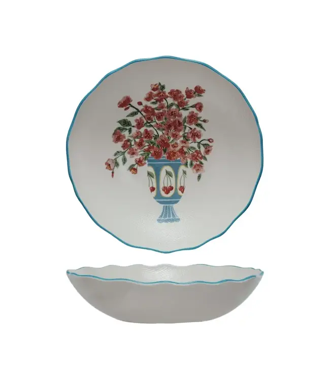 Textured  Stoneware Salad Bowl with Flowers in Vase & Colored Rim