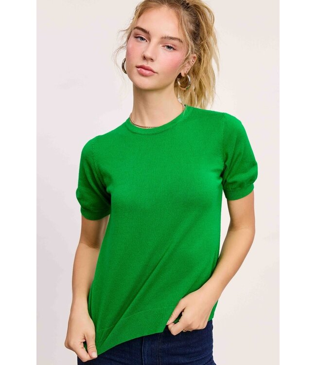 Avery Soft Short Puffy Sleeve Basic Stretchy Knit Top
