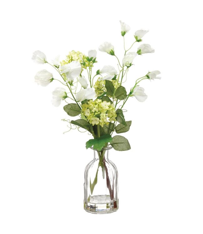 15" Sweet Pea/Snowball in Glass Vase Green White