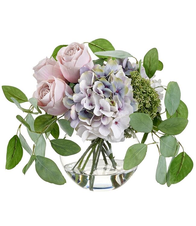 13.5" Rose/Hydrangea/Sedum in Glass Vase Pink Lavender
