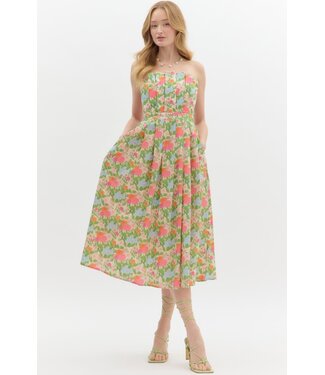 Ellie Multicolor Floral Strapless Pleated Midi Dress
