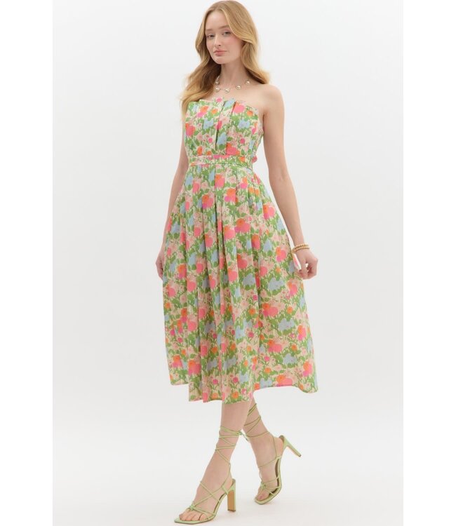 Ellie Multicolor Floral Strapless Pleated Midi Dress
