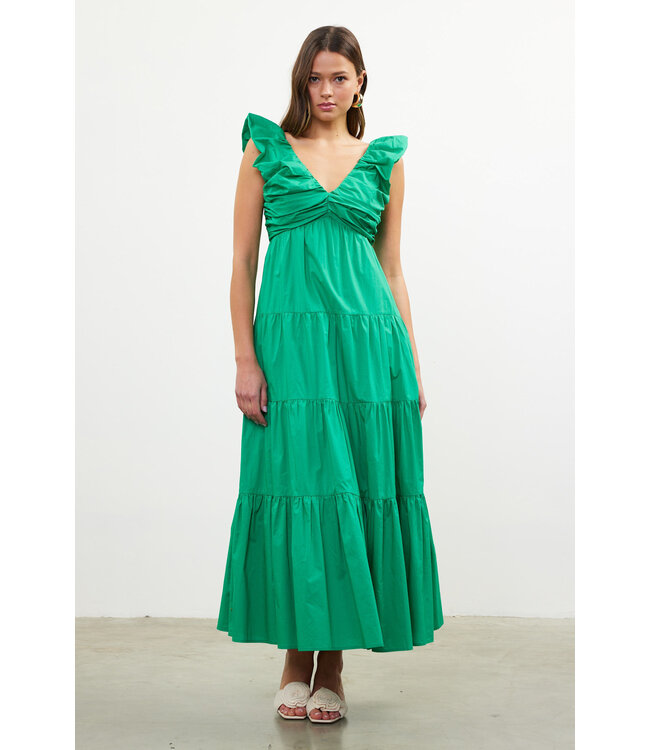 Joy Poplin V Neck Shirred Maxi Dress