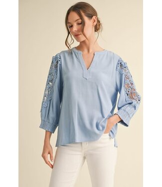 Eleanor Solid 3/4 Lace Cut-Out Sleeves Top