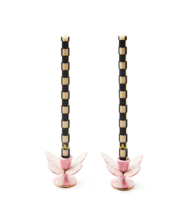 MACKENZIE CHILDS Rosy Check Butterfly Candle Holders Set of 2