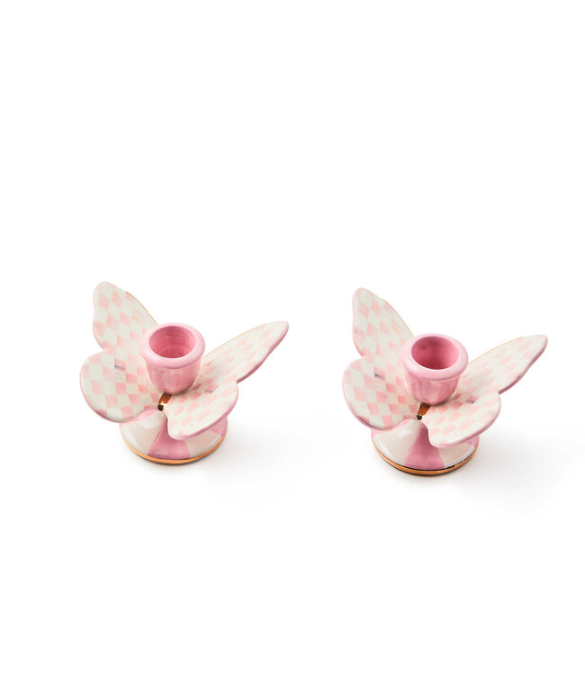 MACKENZIE CHILDS Rosy Check Butterfly Candle Holders Set of 2