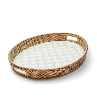 MACKENZIE CHILDS Sterling Check Enamel & Rattan Party Tray