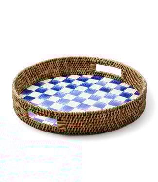 MACKENZIE CHILDS Royal Check Enamel & Rattan Round Serving Tray
