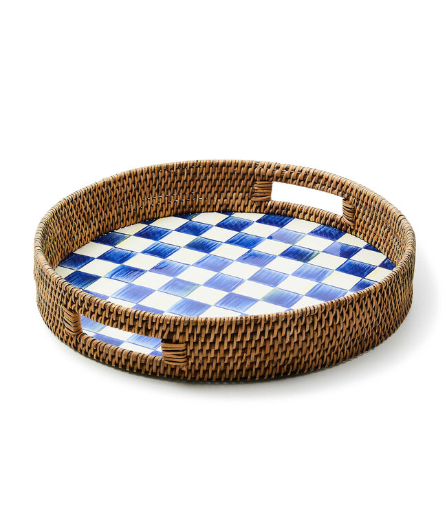 MACKENZIE CHILDS Royal Check Enamel & Rattan Round Serving Tray