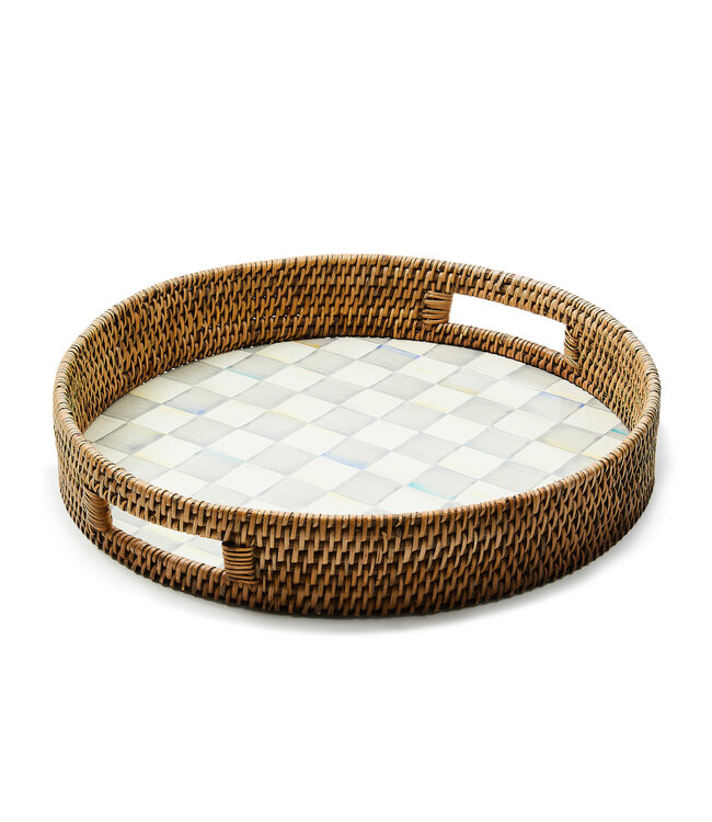 MACKENZIE CHILDS Sterling Check Enamel & Rattan Round Serving Tray