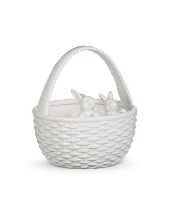 8.5" White Basket with Bunnies