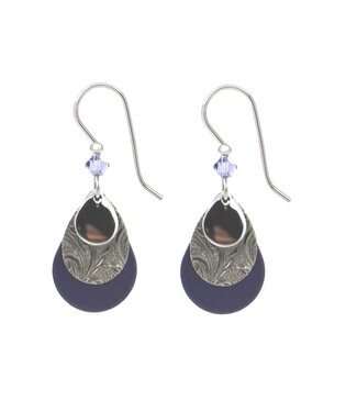 SILVER FOREST Silver Filigree on Black Teardrop With Purple Bead Earrings