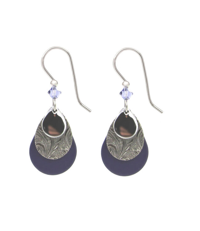 SILVER FOREST Silver Filigree on Black Teardrop With Purple Bead Earrings
