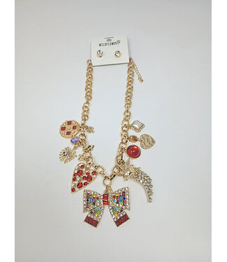 Fashion Necklace in Gold with Multi-colored Rhinestones with Earrings