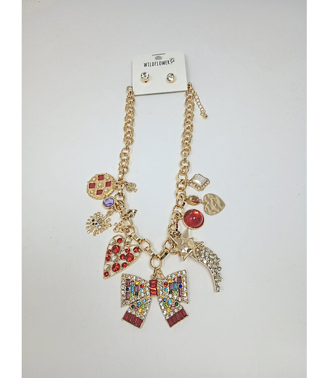 Fashion Necklace in Gold with Multi-colored Rhinestones with Earrings