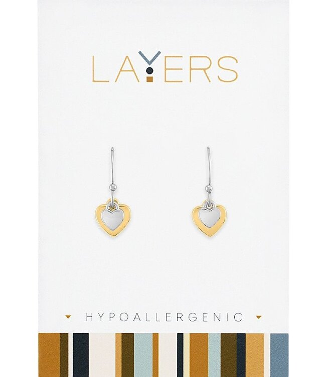 Silver Two-Tone Double Heart Dangle Layers Earrings
